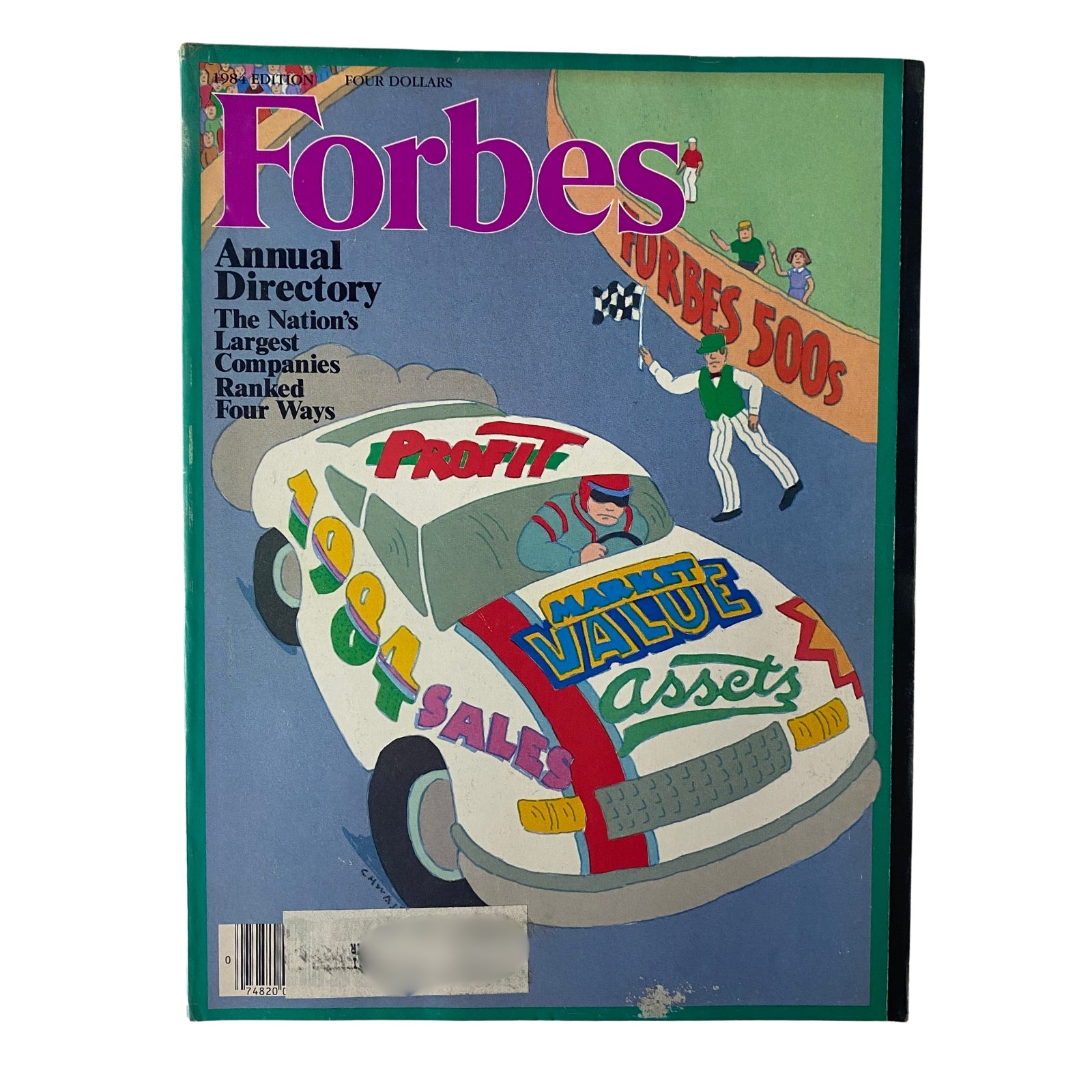 Forbes Magazine cover from April 30, 1984, featuring the title 'The Nation's Largest Companies Ranked Four Ways' with a colorful illustration of a race car displaying the words Profit, Market Value, Sales, and Assets.