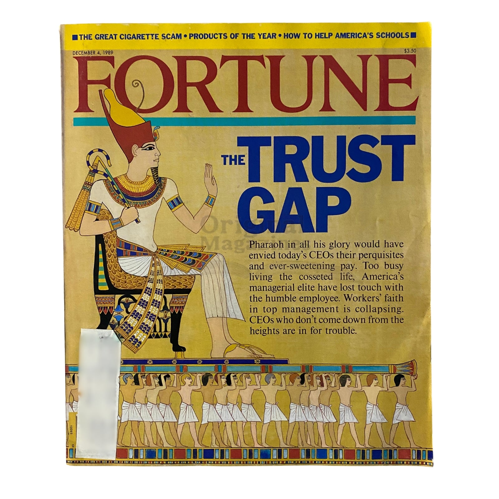 Fortune Magazine cover from December 4, 1989, titled 'The Trust Gap', featuring an ancient Egyptian Pharaoh and highlighting the theme of modern CEOs and employee trust.