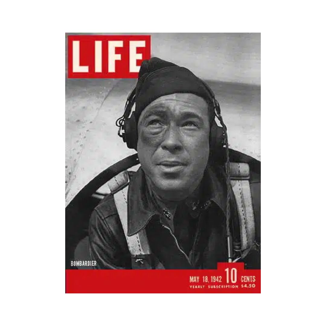 VTG Life Magazine May 18, 1942 featuring a black-eye Bombardier at Midland Flying School, captured in a dramatic black and white cover photo.