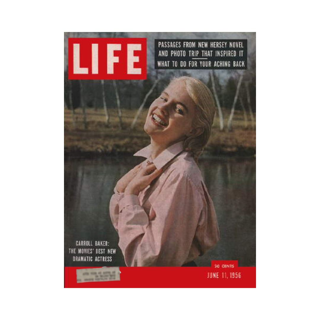 Vintage Life Magazine cover from June 11, 1956, featuring Carroll Baker, noted as the movies' best new dramatic actress, showcasing a scenic background and promoting cultural moments from mid-20th century.