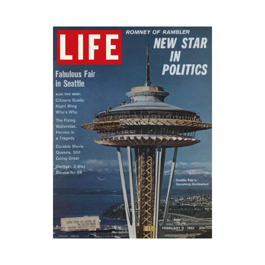 VTG Life Magazine cover from February 9, 1962 featuring the Seattle World's Fair preview, highlighting the iconic Space Needle, with the caption about George Romney as a new star in politics.
