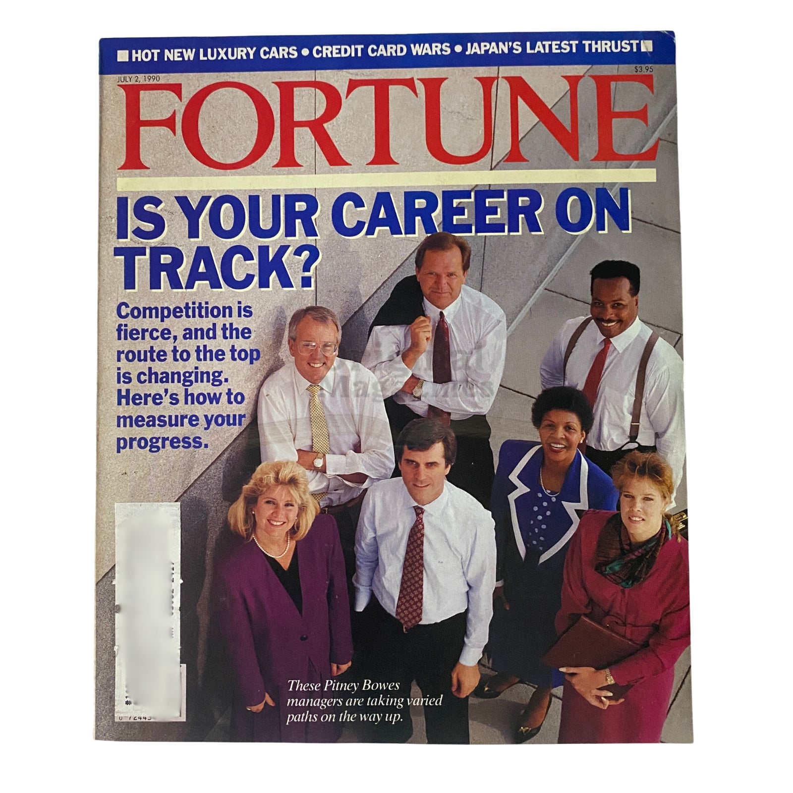 Fortune Magazine cover from July 2, 1990, titled 'Is Your Career on Track?', featuring a group of Pitney Bowes managers discussing diverse career paths.