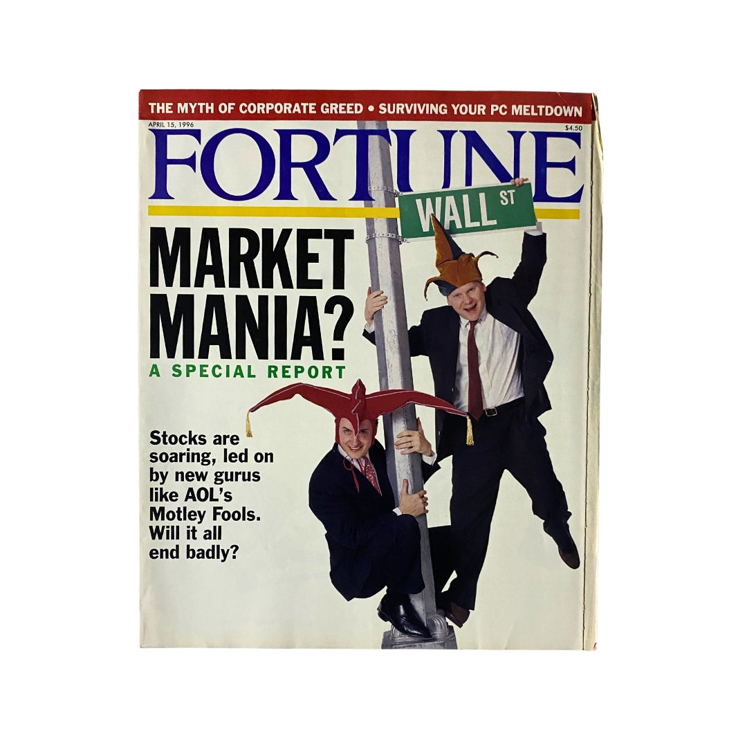 Cover of Fortune Magazine April 15, 1996 featuring the headline 'Market Mania? A Special Report' with two men in suits wearing jester hats, reflecting on the stock market exuberance of the mid-1990s.