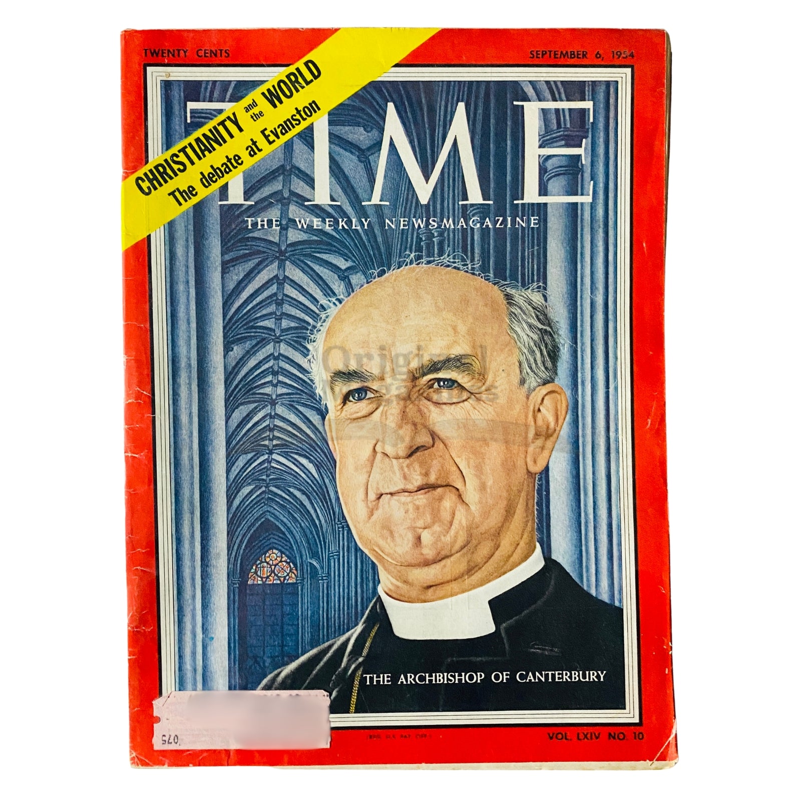 Time Magazine from September 6, 1954, featuring The Archbishop of Canterbury on the cover, showcasing vintage design and significant historical context related to religious discussions of the 1950s.