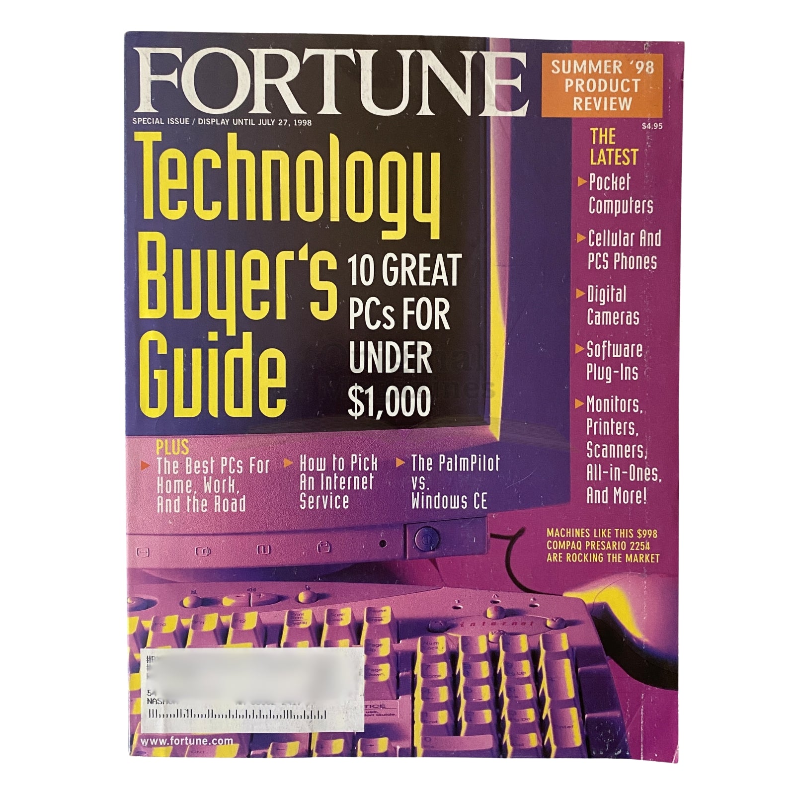 Fortune Magazine July 27, 1998 Special Issue Technology Buyer's Guide featuring a cover with bold text highlighting 'Technology Buyer's Guide' and '10 GREAT PCs FOR UNDER $1,000'. The cover includes sections on pocket computers, cellular phones, and digital cameras, representing the late 90s technological landscape.