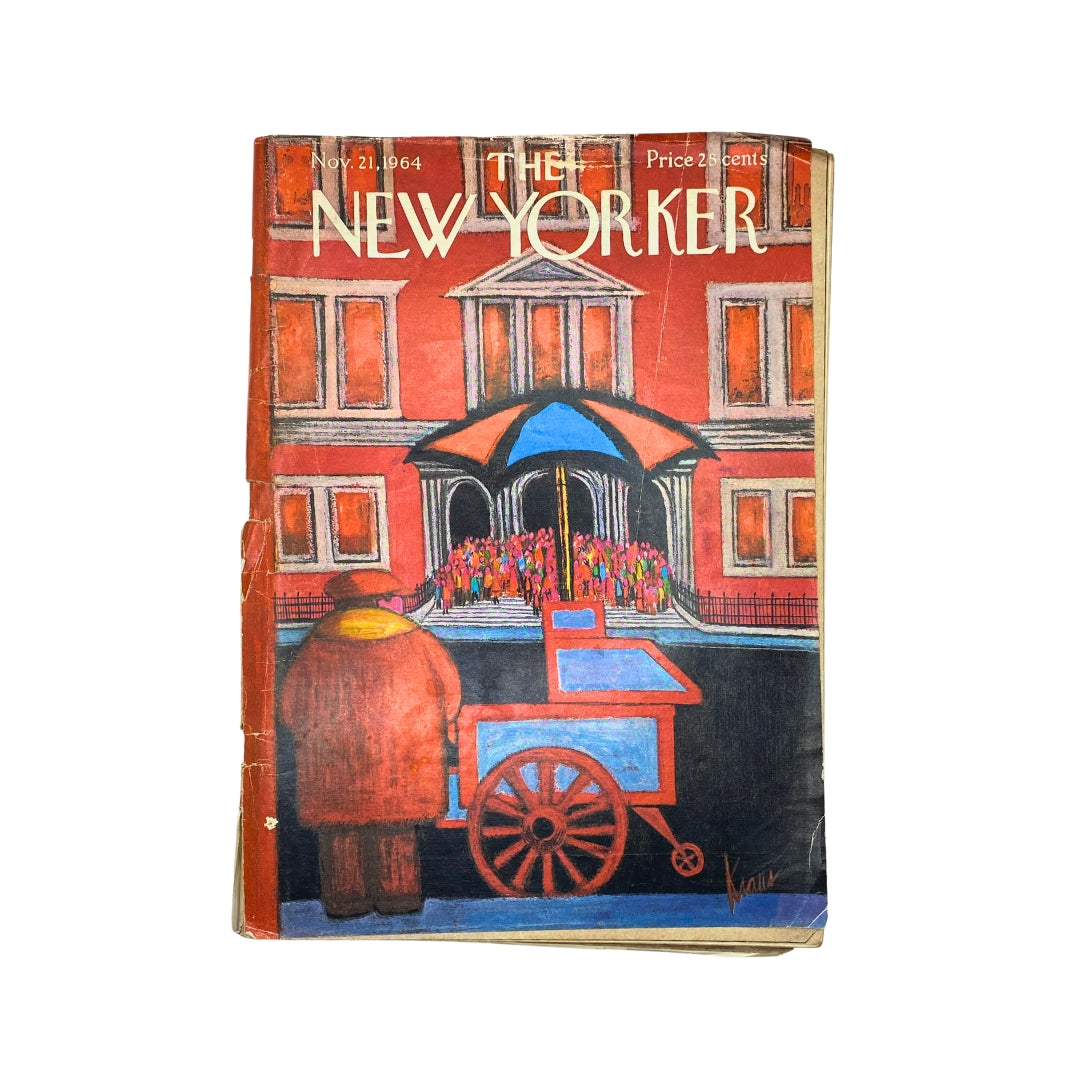 Cover of The New Yorker magazine from November 21, 1964, illustrated by Robert Kraus, featuring a vibrant street scene with a figure in an overcoat and hat next to a cart under an umbrella.