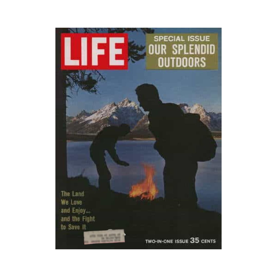 Cover of VTG Life Magazine December 22, 1961, featuring the Special Issue 'Our Splendid Outdoors' with a silhouette of two people by a fire against a backdrop of mountains and lake.