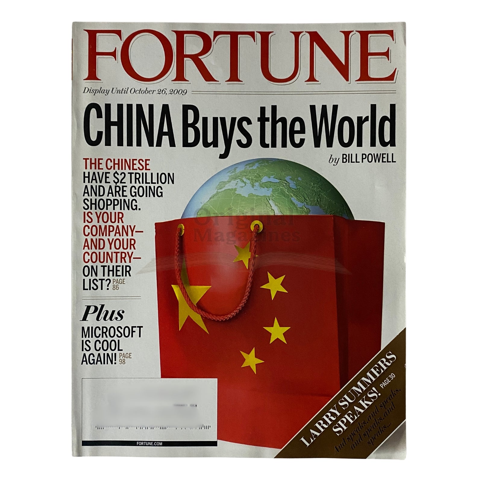 Fortune Magazine cover from October 26, 2009, featuring the article 'China Buys the World' with a visual of a shopping bag adorned with the Chinese flag, symbolizing China's economic power and influence.