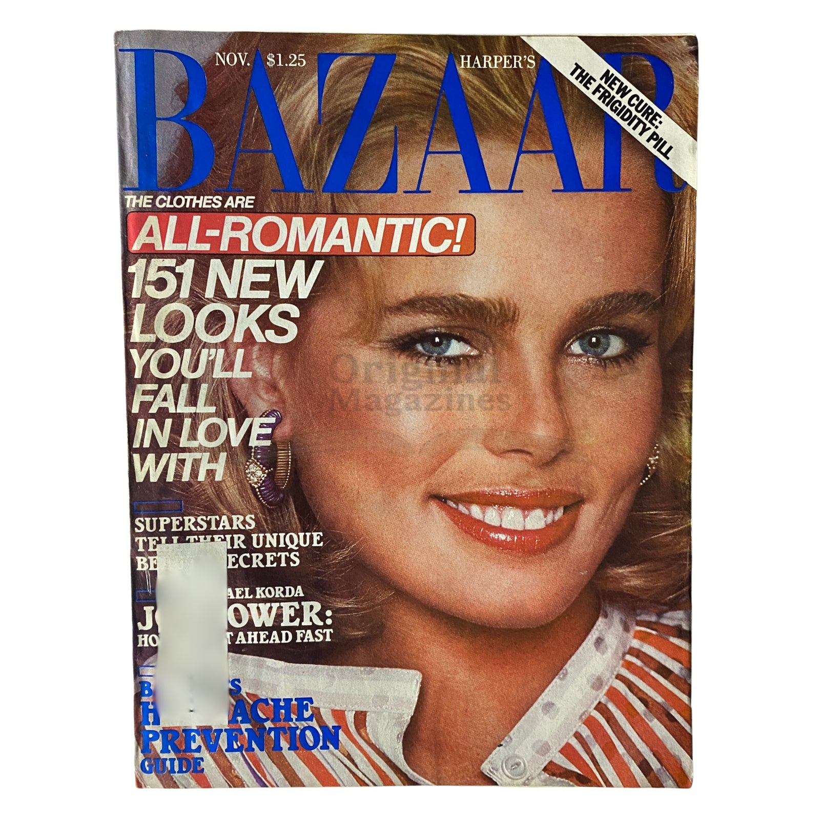 Cover of Harper's Bazaar Magazine November 1977 featuring a close-up of a model with blue eyes and blonde hair, showcasing the title 'BAZAAR' and the slogan 'The Clothes Are All-Romantic!' along with fashion details.