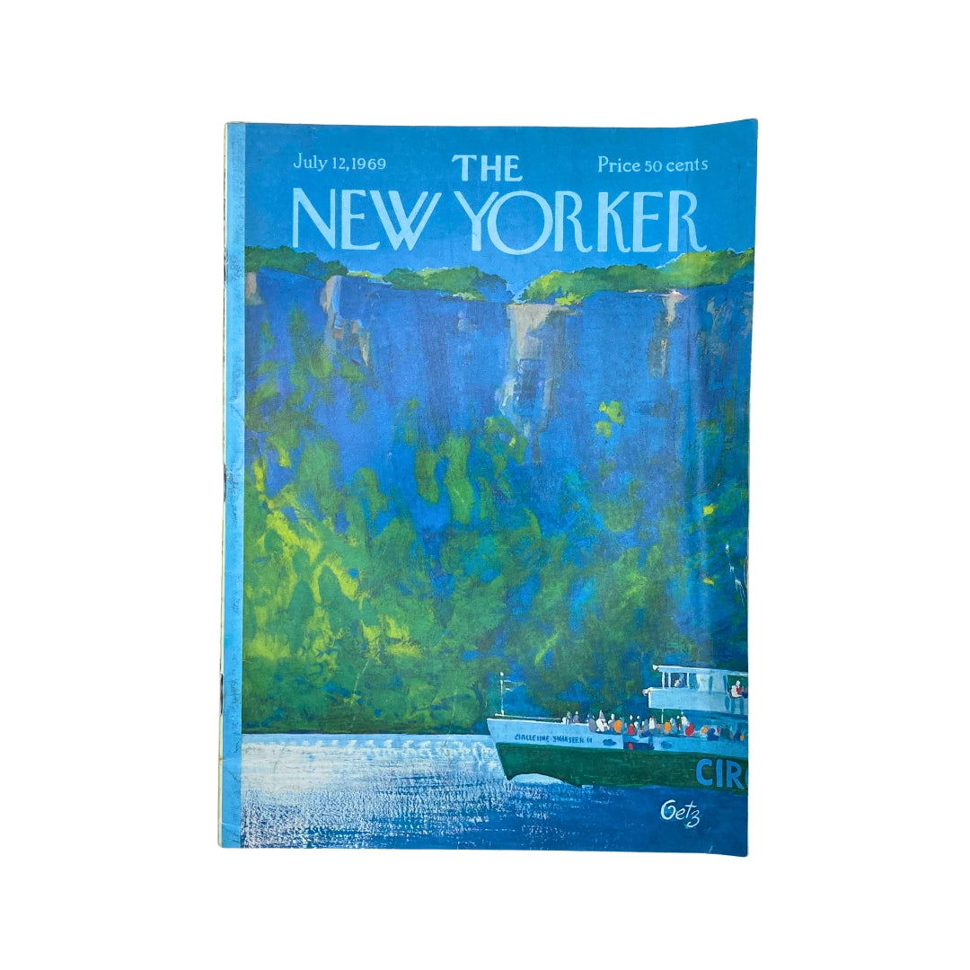 Cover of The New Yorker magazine dated July 12, 1969, featuring artwork by Arthur Getz, showcasing a scenic view with a boat and vibrant natural landscape. This edition is labeled as VG and is part of the Original Magazines collection.