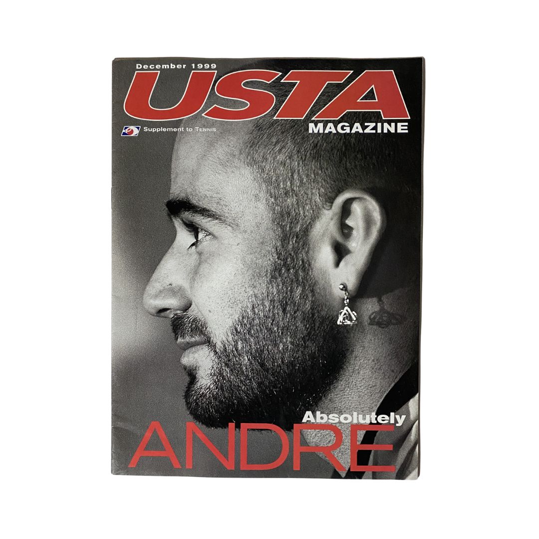 USTA Tennis Magazine December 1999 featuring a close-up of Andre Agassi on the cover, showcasing his iconic style and earring.