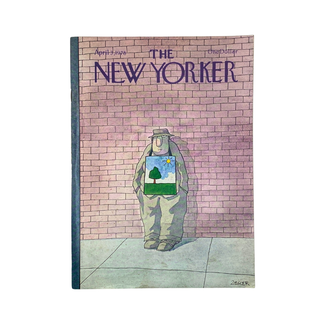 Cover of The New Yorker Complete Magazine from April 3, 1978, featuring artwork by Jack Ziegler; depicts a character leaning against a brick wall, showcasing a landscape illustration on its shirt.