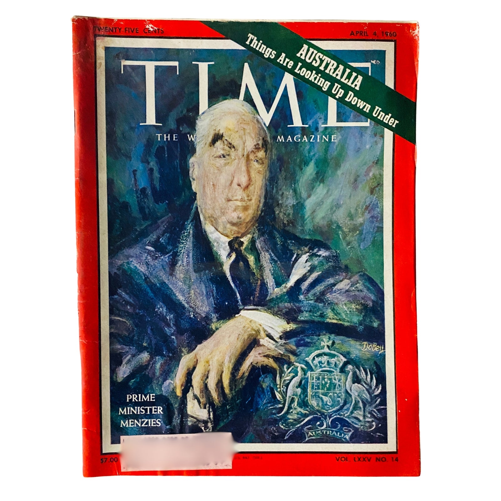 Time Magazine April 4 1960 Vol 75 No. 14 featuring Prime Minister Menzies on the cover, showcasing a colorful portrait and the headline about Australia.