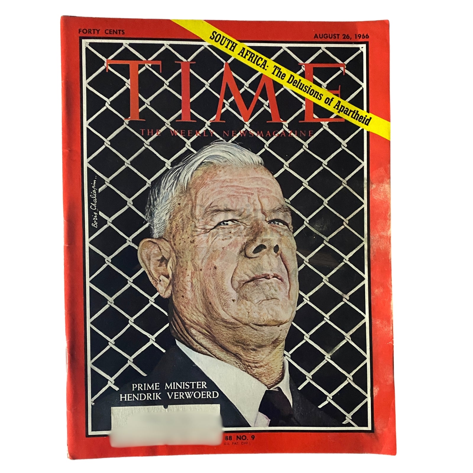 Time Magazine August 26, 1966 cover featuring Prime Minister Hendrik Verwoerd, highlighting the theme 'South Africa: The Delusions of Apartheid', showcasing a portrait of Verwoerd against a textured background.