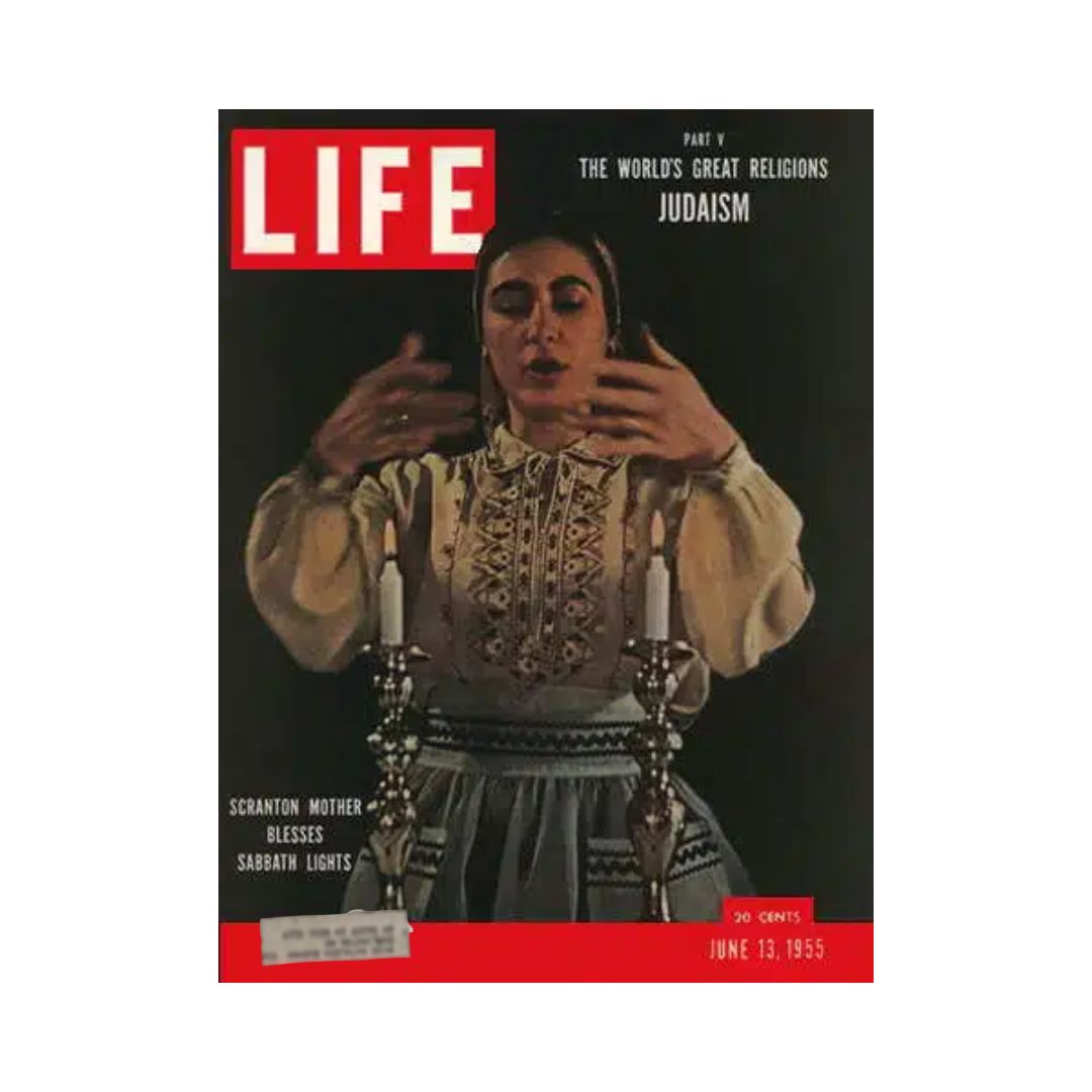 Cover of VTG Life Magazine, June 13, 1955, featuring a Scranton mother blessing Sabbath lights, part of a series on the world's great religions discussing Judaism.