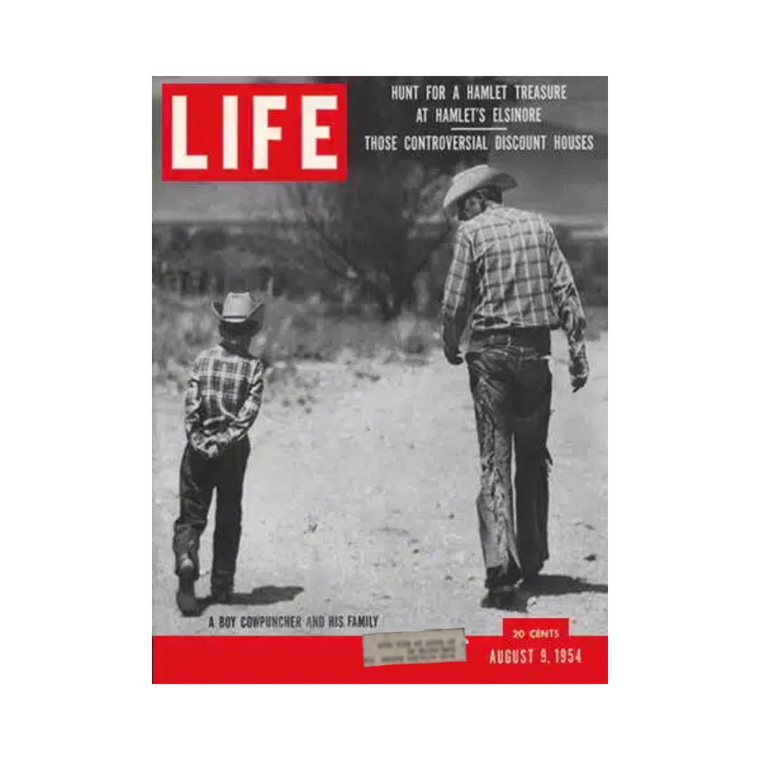 Life Magazine Cover - August 9, 1954 featuring a heartwarming scene of a cowboy and a young boy walking together, capturing themes of family and traditional values. This vintage issue showcases significant stories from the 1950s, emphasizing the enduring image of the American cowboy.