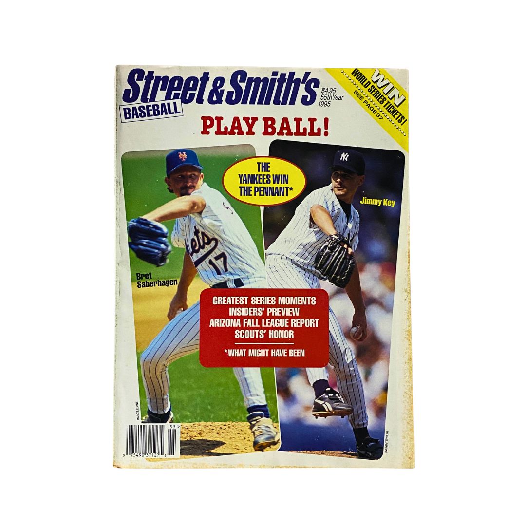 Front cover of Street & Smith's Baseball Magazine 1995 featuring Bret Saberhagen and Jimmy Key, highlighting baseball insights and iconic players.