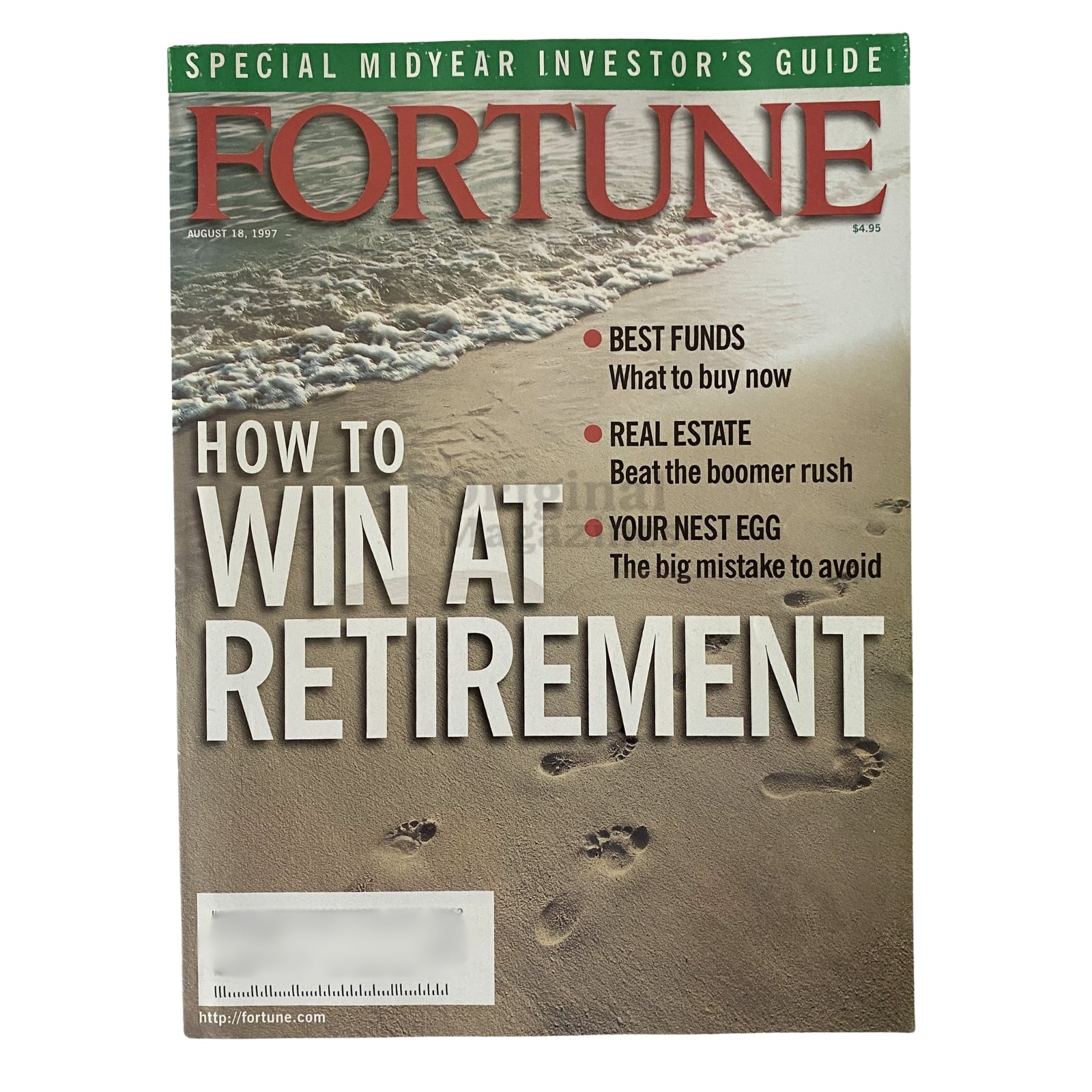 Cover of Fortune Magazine from August 18, 1997, featuring the headline 'How To Win at Retirement' with images of a sandy beach and financial advice topics.