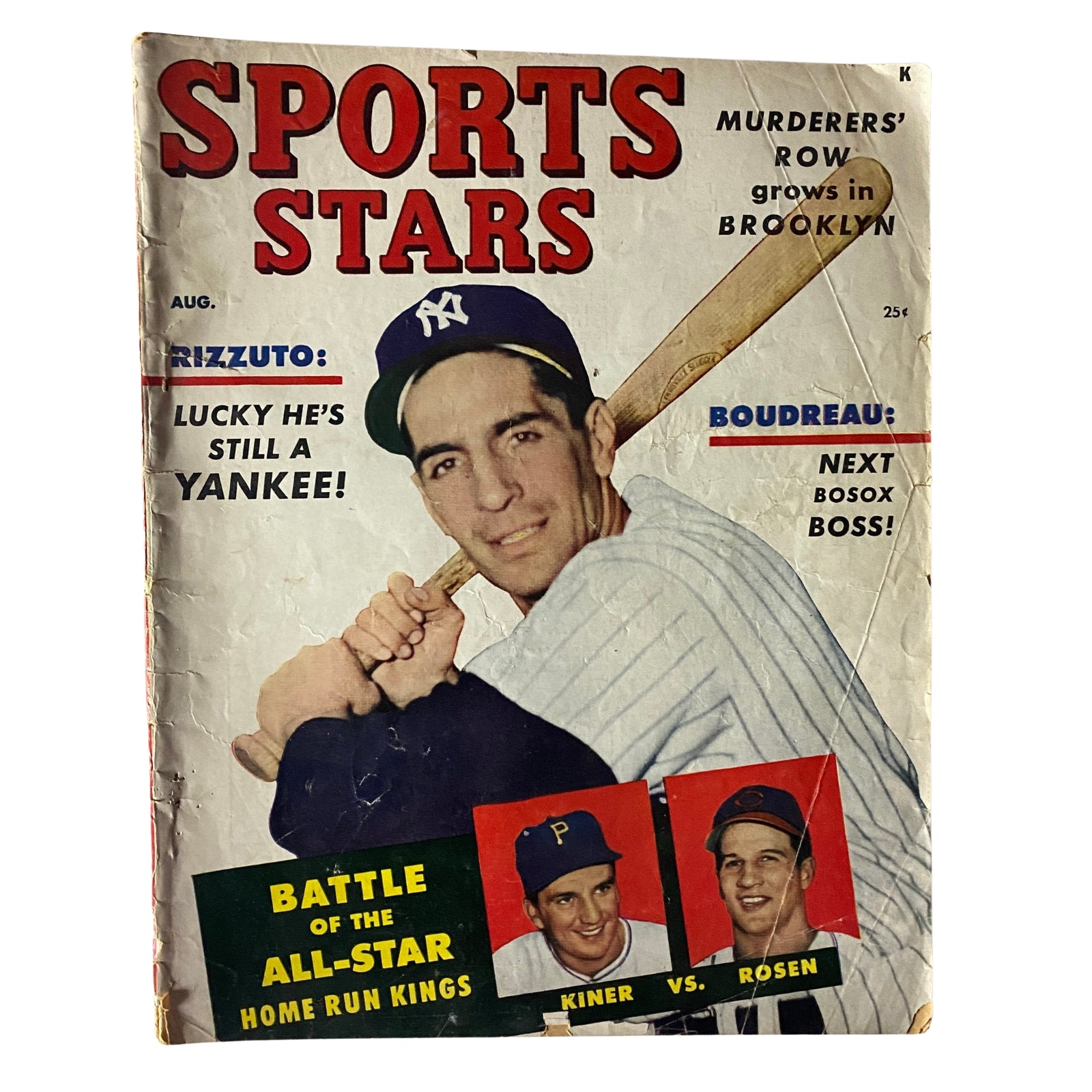 Sports Stars Magazine August 1951 featuring Phil Rizzuto on the cover, highlighting Kiner vs Rosen home run rivalry.