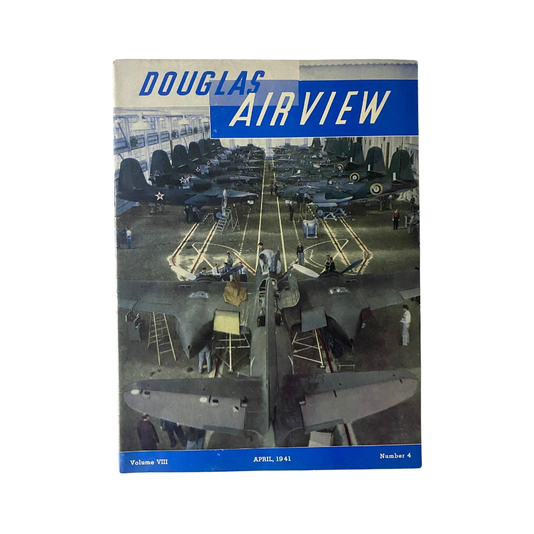 Douglas Airview Magazine April 1941 cover featuring military aircraft in a hangar, highlighting aviation history and speed records.