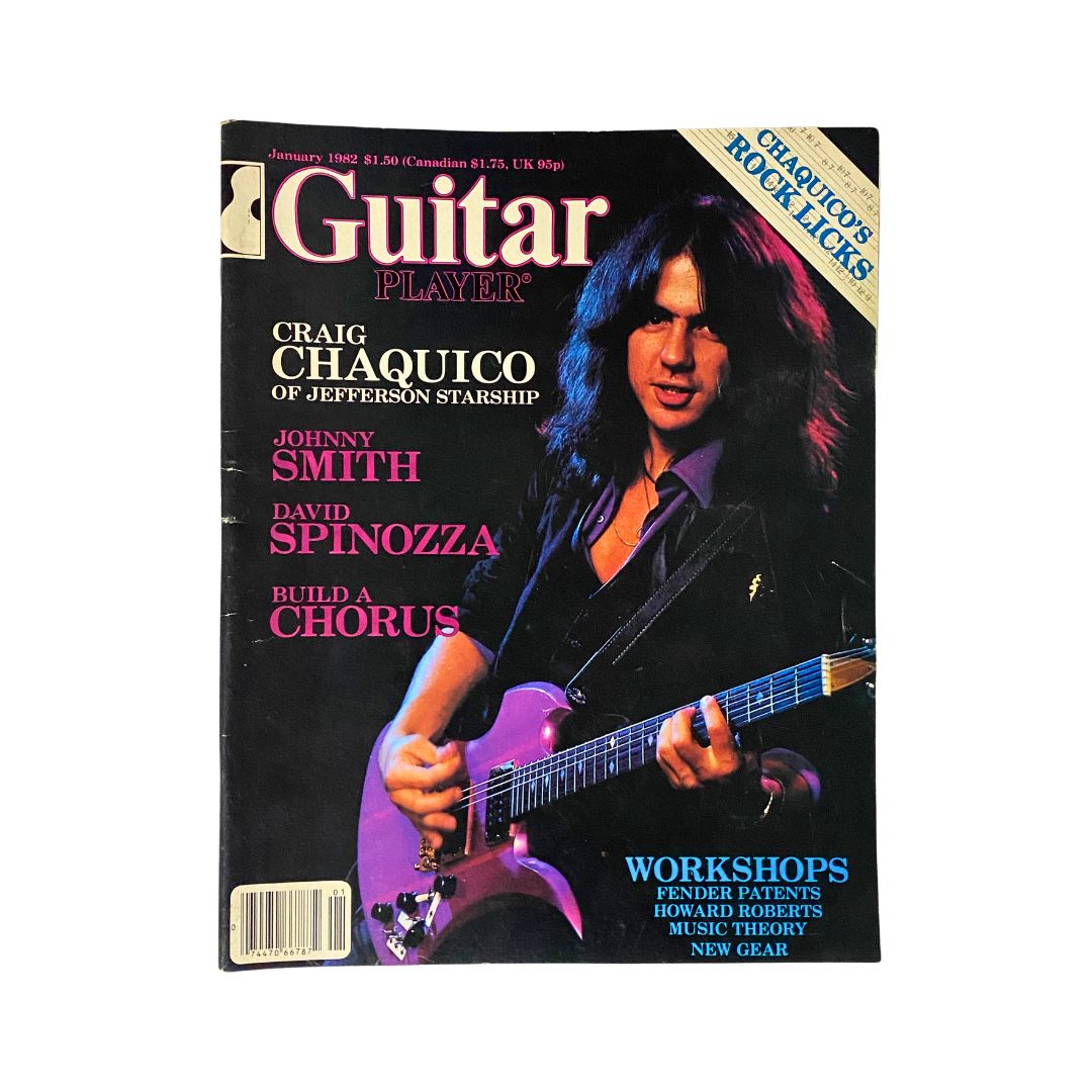 Cover of Guitar Player Magazine January 1982 featuring Craig Chaquico, Johnny Smith, and David Spinozza. A vintage magazine showcasing interviews, guitar tips, and music insights.