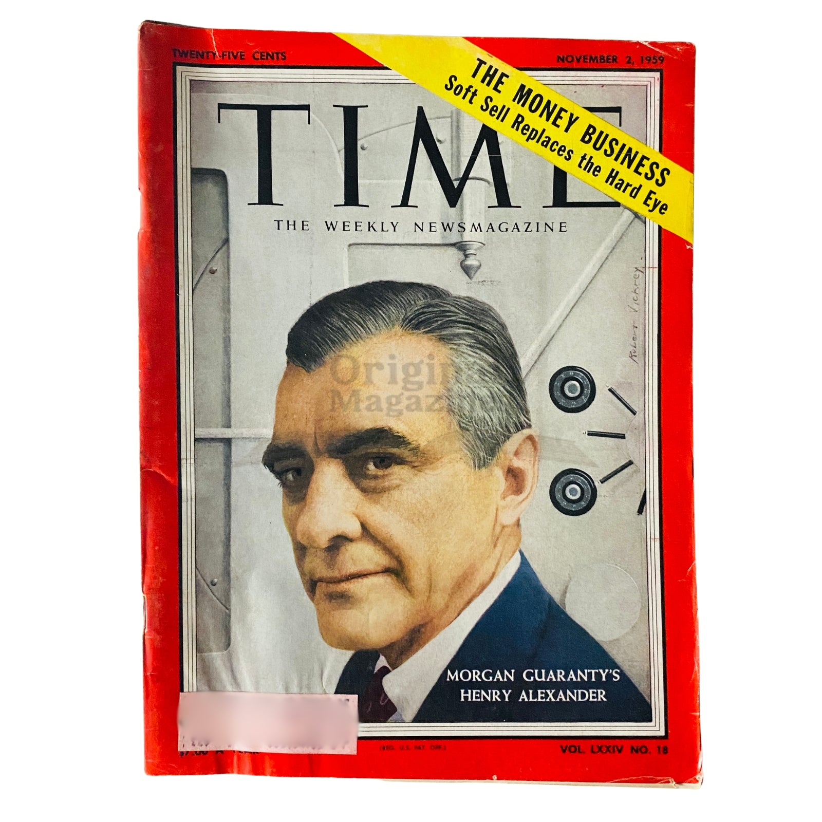 Time Magazine November 2 1959 Vol 74 No. 18 featuring Morgan Guaranty's Henry Alexander on the cover, showcasing a portrait of the prominent business figure.