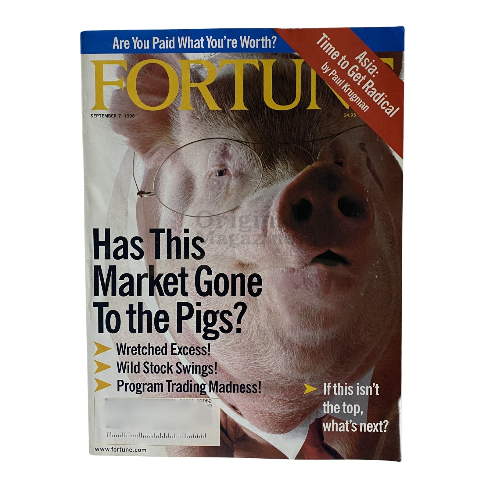 Cover of Fortune Magazine dated September 7, 1998 titled 'Has This Market Gone To the Pigs?' featuring an illustration of a pig and themes of market volatility and economic concerns.