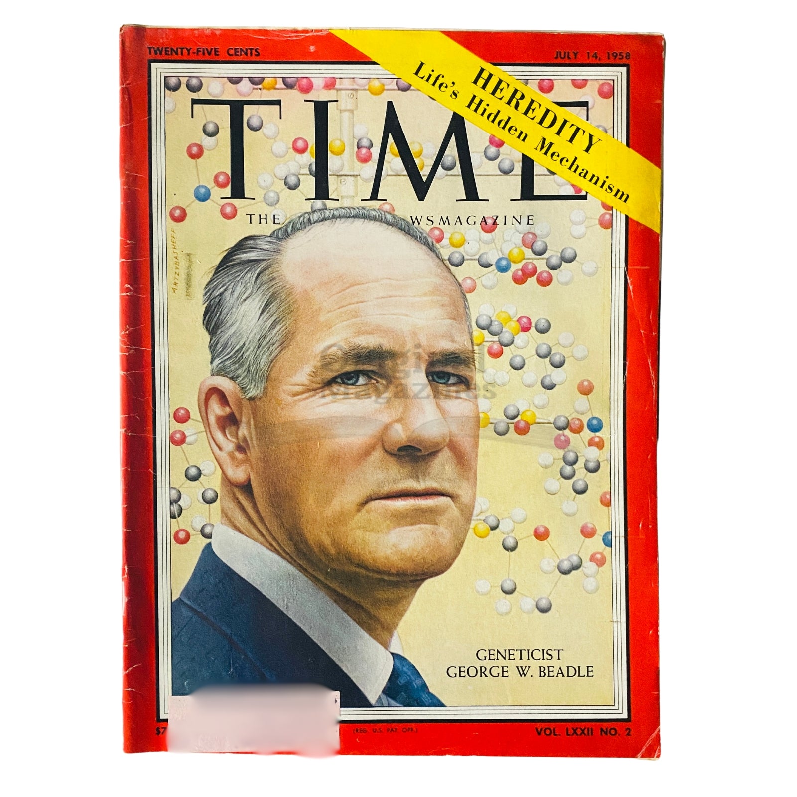 Time Magazine July 14, 1958, Vol 72 No. 2 featuring geneticist George W. Beadle on the cover, illustrating his contributions to genetics with a vibrant background of molecular structures.