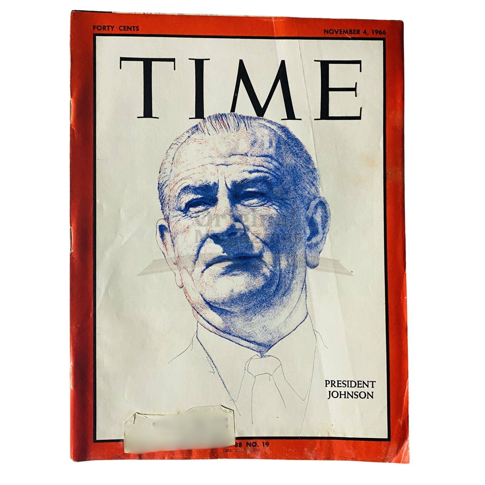 Cover of Time Magazine November 4, 1966, Vol 88 No. 19 featuring President Lyndon B. Johnson, illustrated with a blue portrait on a red background.