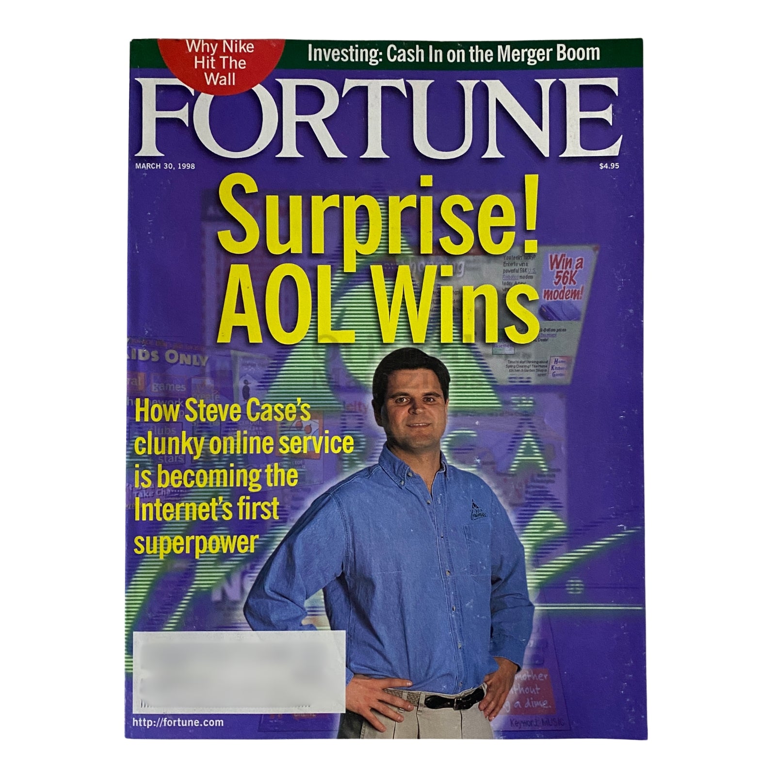 Cover of Fortune Magazine from March 30, 1998, featuring the title 'Surprise! AOL Wins' and a portrait of Steve Case, the Internet's first superpower.