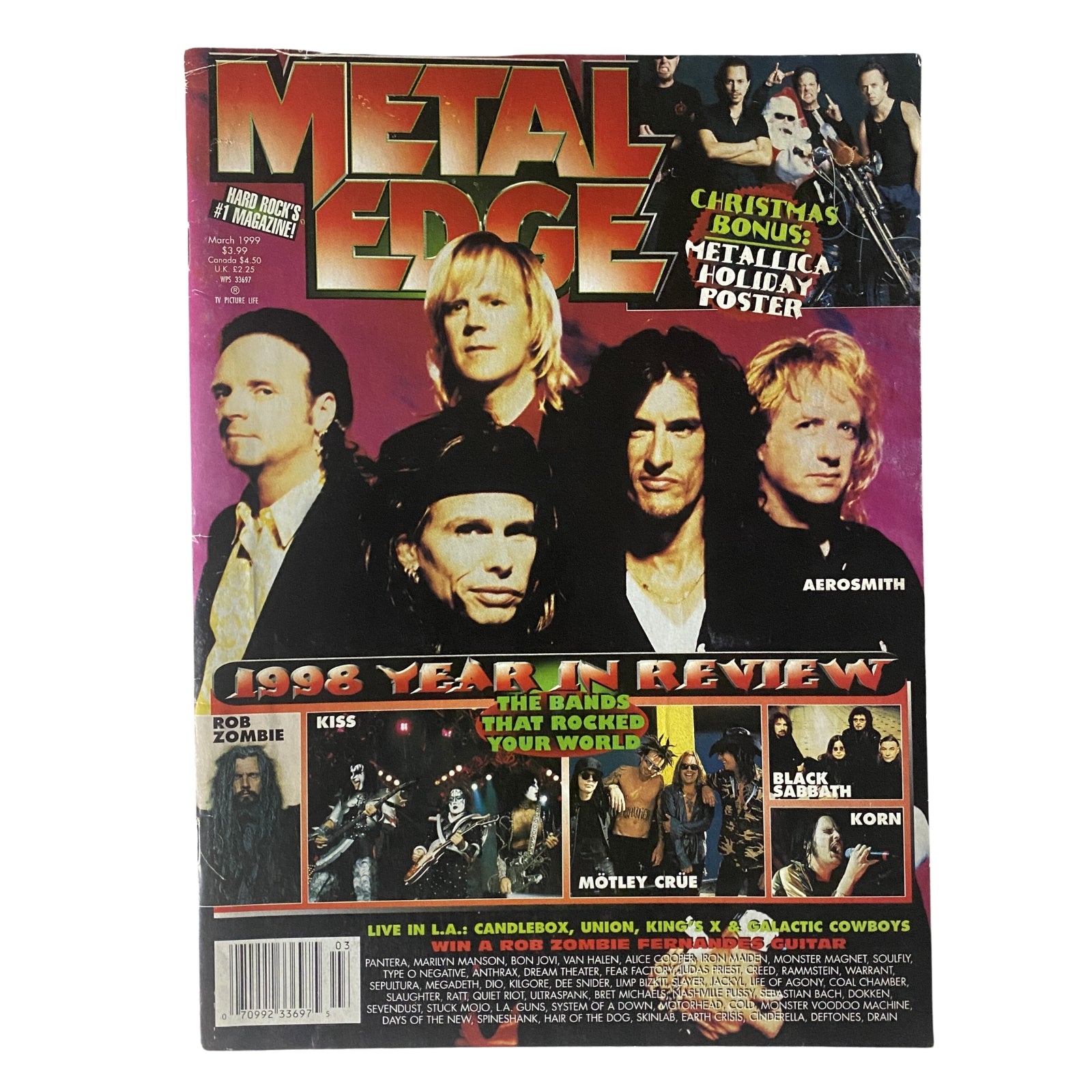 Metal Edge Magazine March 1999 Aerosmith, Kiss, Motley Crue w Poster No Label VG