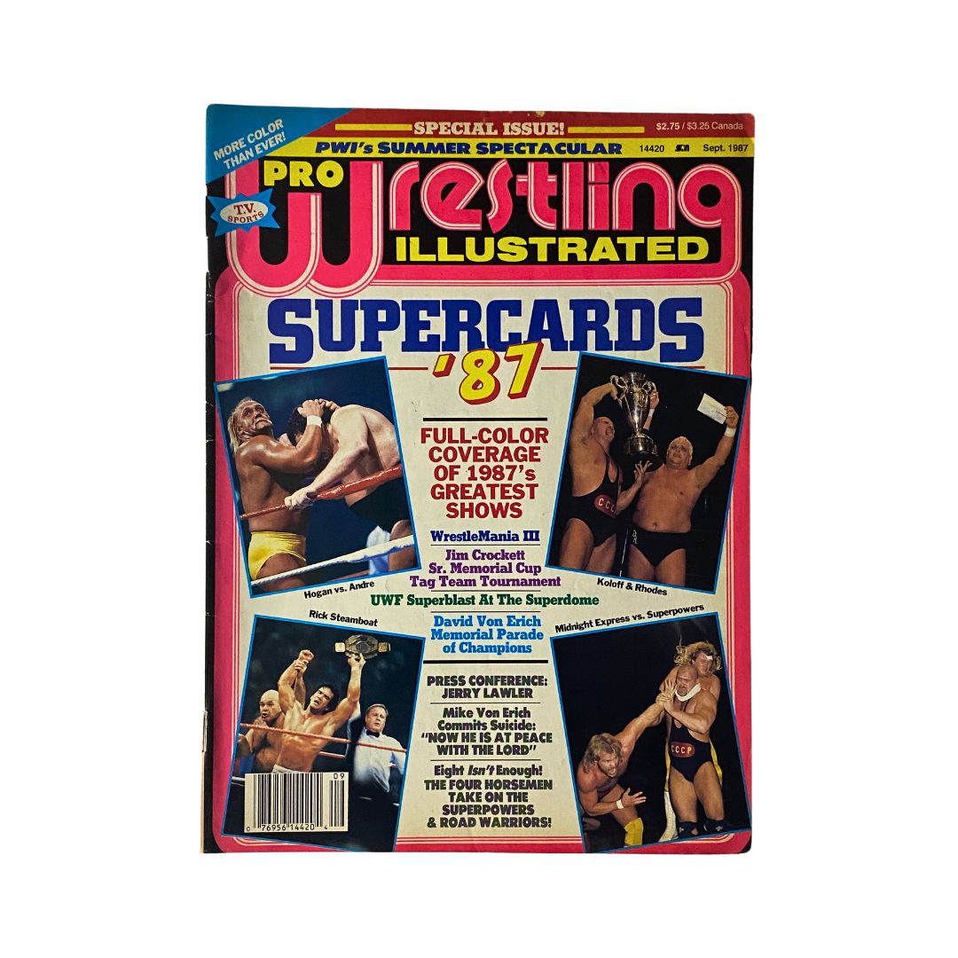 Pro Wrestling Illustrated Magazine September 1987 featuring Hulk Hogan on the cover with a bold red and blue design, highlighting 'Supercards '87'.