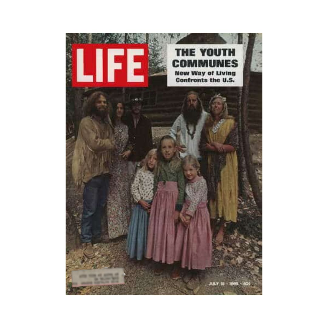 Vintage Life magazine cover from July 18, 1969, featuring 'The Youth Communes: New Way of Living Confronts the U.S.' showcasing a diverse group of individuals in communal attire, reflecting the 1960s counterculture movement.