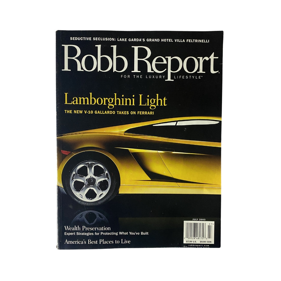 Robb Report Car Magazine July 2003 featuring Lamborghini Gallardo V-10 on the cover highlighting luxury automobiles and high-performance vehicles.