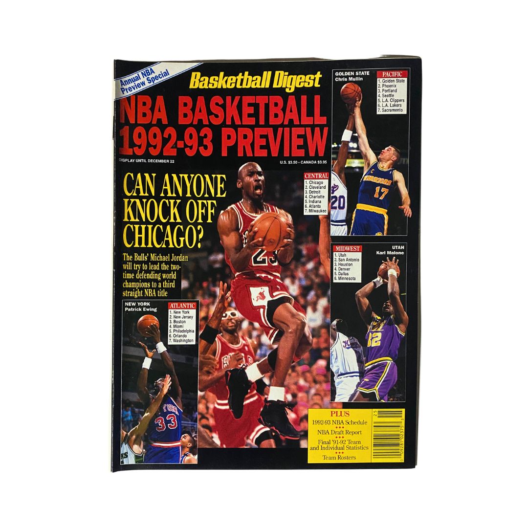 Cover of Basketball Digest Magazine 1992-1993 NBA Basketball Preview featuring Michael Jordan, along with highlights and predictions for the NBA season, showcasing the excitement of basketball fans.