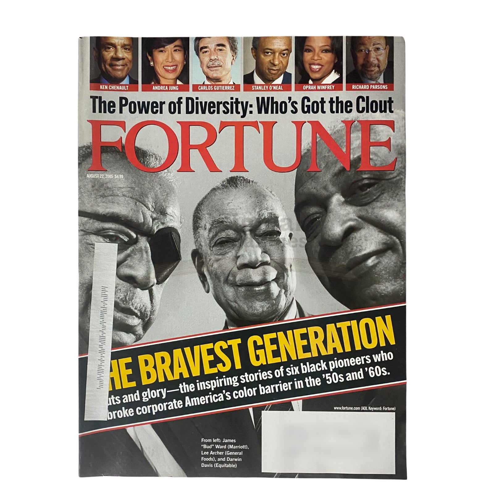 Fortune Magazine, August 22, 2005 cover featuring James Ward, Lee Archer, and Darwin Davis, highlighting 'The Bravest Generation' and celebrating diversity in corporate leadership.