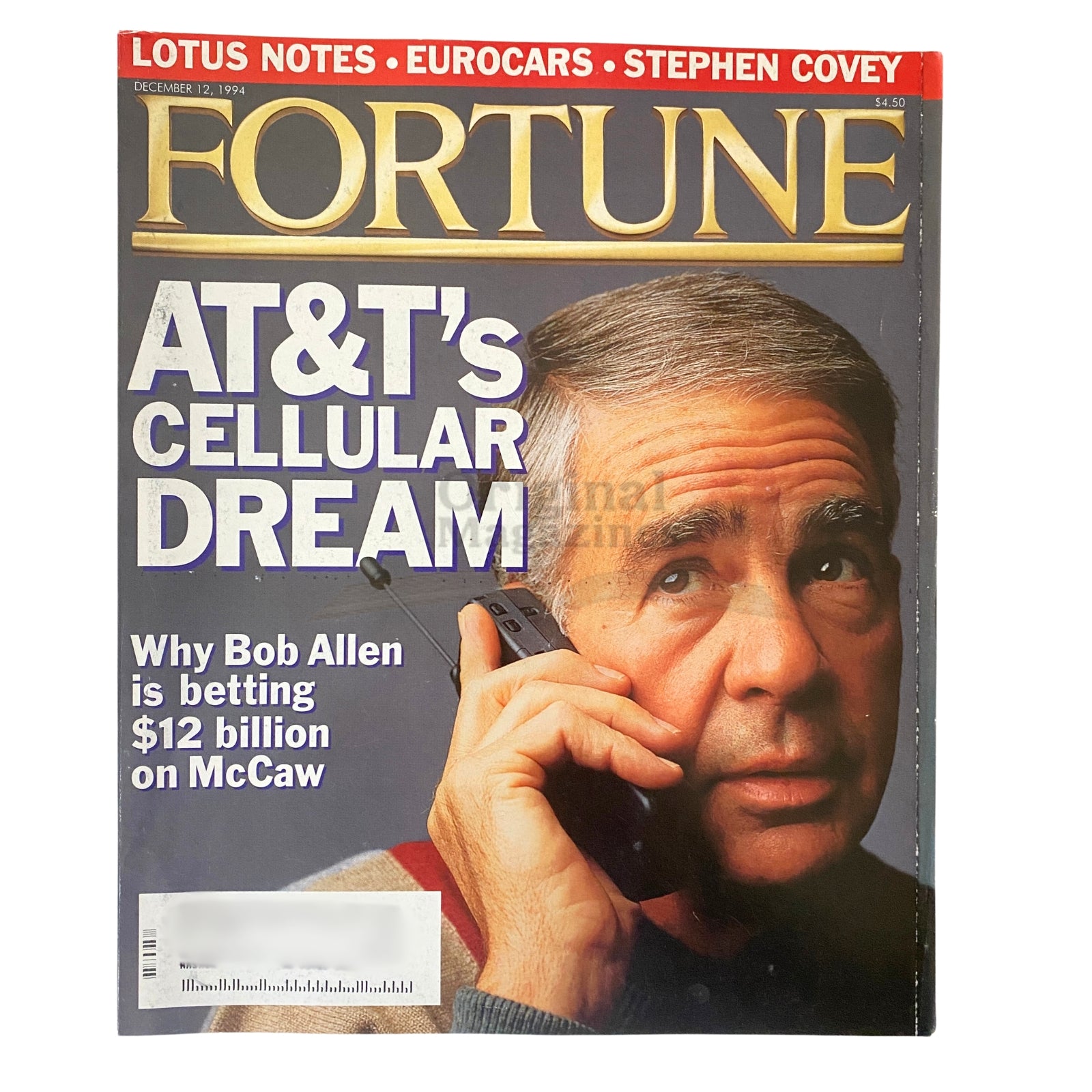 Cover of Fortune Magazine from December 12, 1994, featuring the headline 'AT&T's Cellular Dream' with an image of a man talking on a mobile phone.
