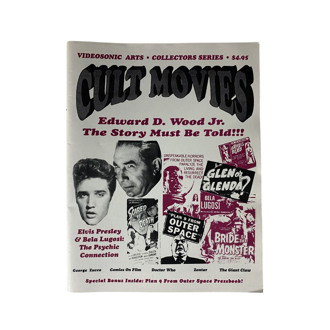 Cult Movies Magazine 1991 featuring Elvis Presley and Bela Lugosi on the cover, highlighting iconic films and cultural impact, with a captivating design showcasing both legends.