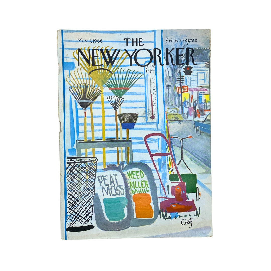 The New Yorker Complete Magazine May 7, 1966 cover featuring an artistic display of garden tools and products like peat moss and weed killer, designed by Arthur Getz.