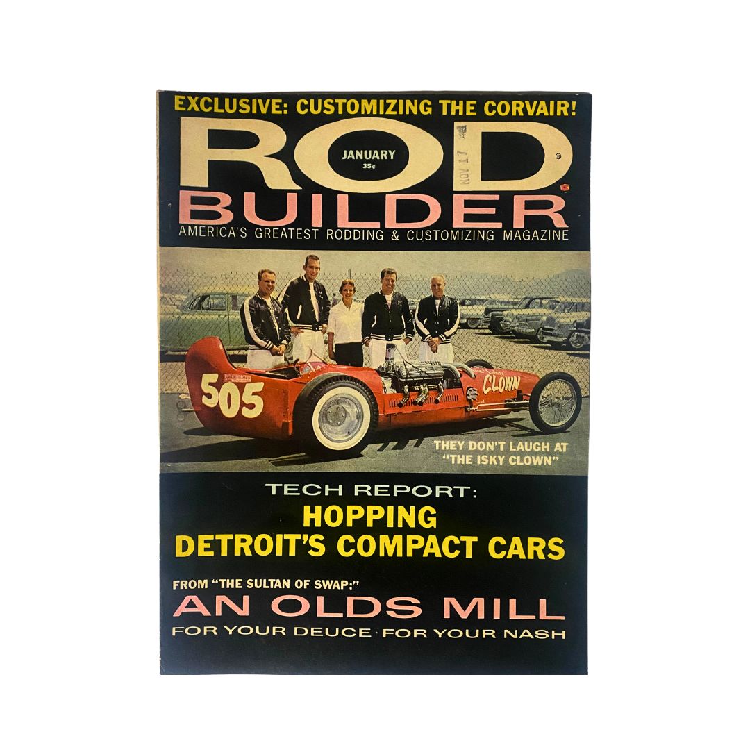 Rod Builder Magazine January 1960 featuring the Iskenderian Clown on the cover, showcasing the theme of rodding and customizing with highlighted articles about compact cars and tech reports.