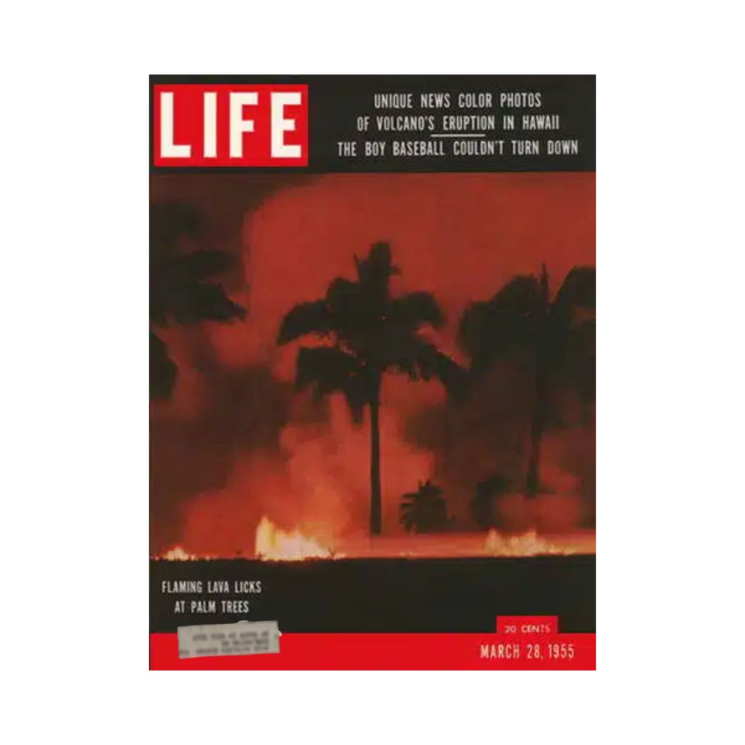 VTG Life Magazine March 28, 1955 featuring the cover photo of a volcano eruption in Hawaii, showcasing flaming lava licks at palm trees, a significant historical moment captured in this vintage publication.