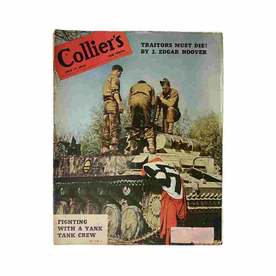 VTG Collier's Magazine July 17, 1943 featuring Robert Capa's cover showing soldiers working on a tank, titled 'Fighting with a Yank Tank Crew'.