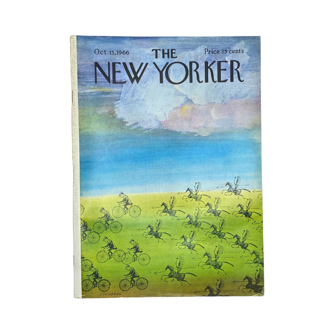 Cover of The New Yorker Complete Magazine from October 15, 1966, featuring a colorful illustration by Saul Steinberg, depicting riders on bicycles and horses.