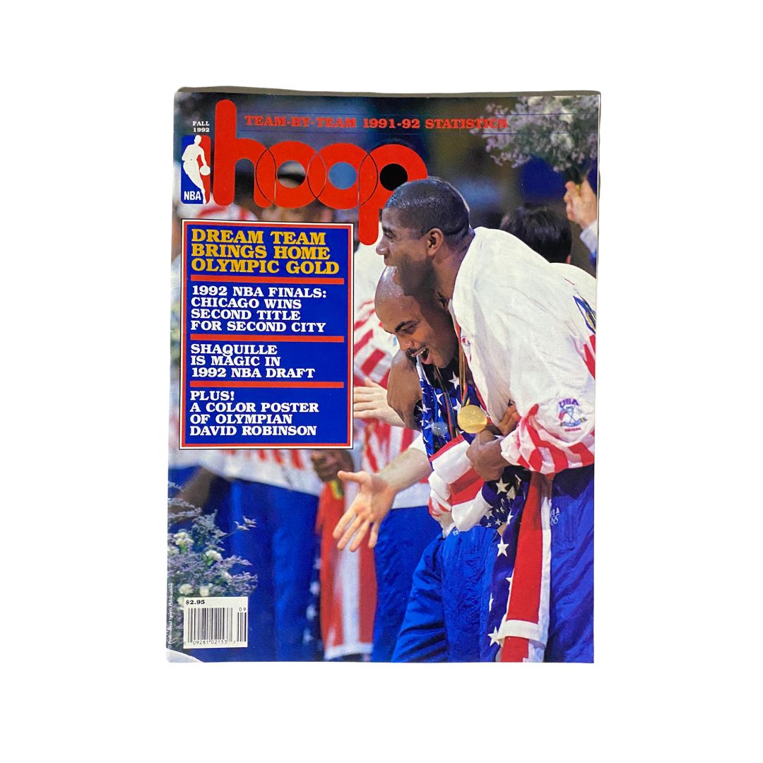 Cover of NBA Hoop Magazine Fall 1992 featuring Dream Team, Magic Johnson, and Charles Barkley, highlighting Olympic Gold success and NBA statistics.