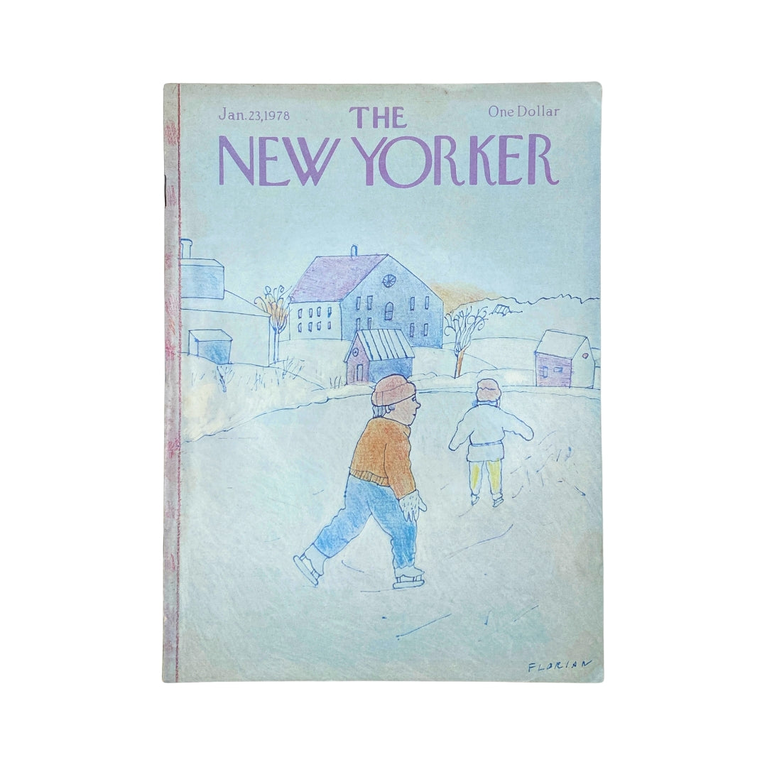 The New Yorker Complete Magazine January 23, 1978 featuring a Douglas Florian cover illustration of children playing in winter, showcasing a nostalgic winter scene with pastel colors.