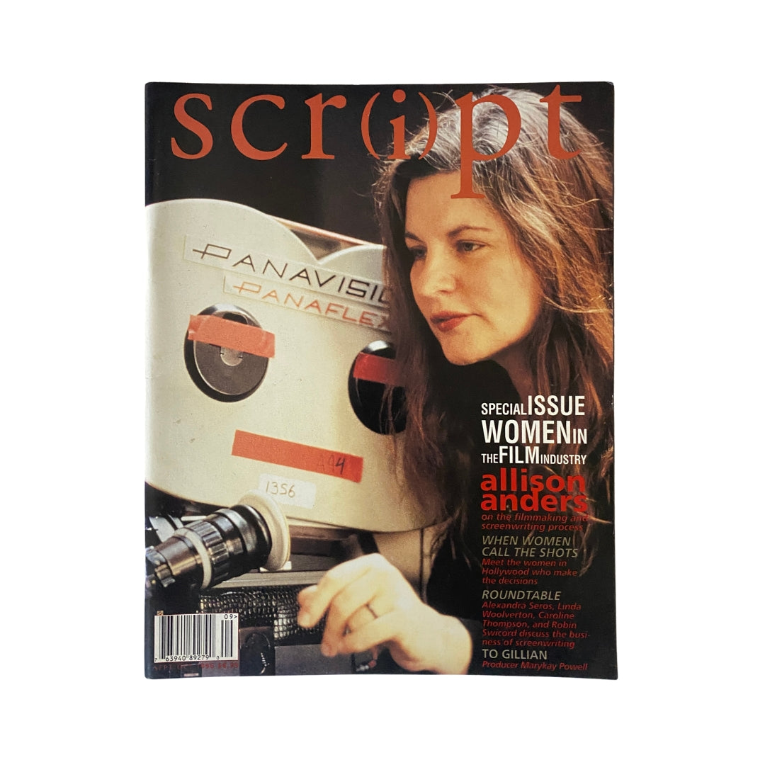 Cover of Script Magazine 1996 featuring Allison Anders, highlighting women in the film industry with an image of a camera and film equipment.