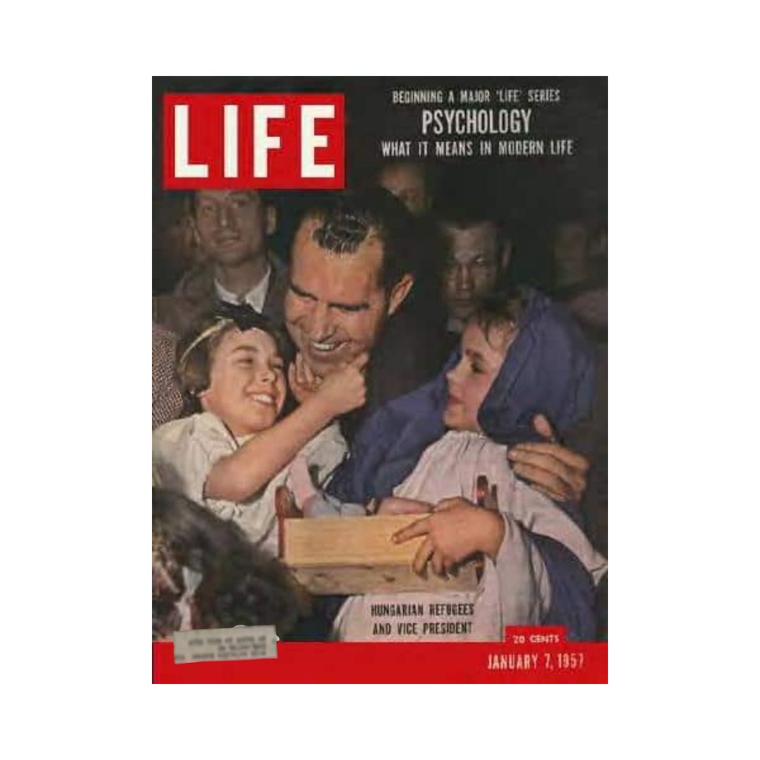 Cover of Life Magazine January 7, 1957 featuring Vice President Richard Nixon interacting with children, highlighting Hungarian refugees.