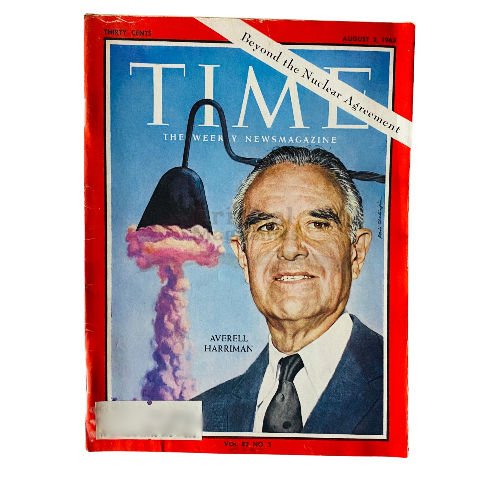 Time Magazine August 2, 1963, Vol 82 No. 5 featuring Averell Harriman on the cover, showcasing a portrait of Harriman with a symbolic nuclear explosion backdrop.