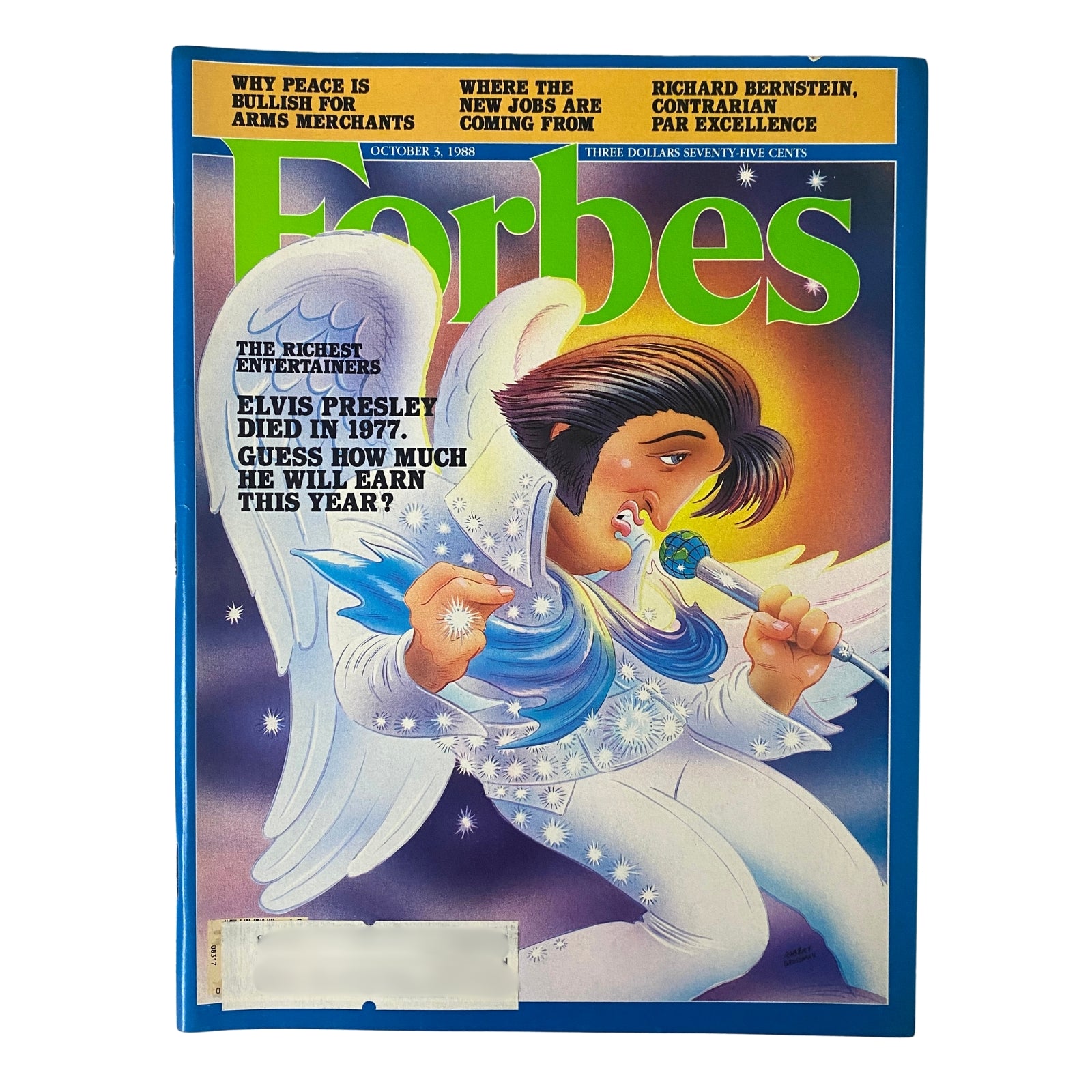 Forbes Magazine October 3, 1988 featuring Elvis Presley on the cover, highlighting the article 'The Richest Entertainers' and showcasing vibrant illustrations.