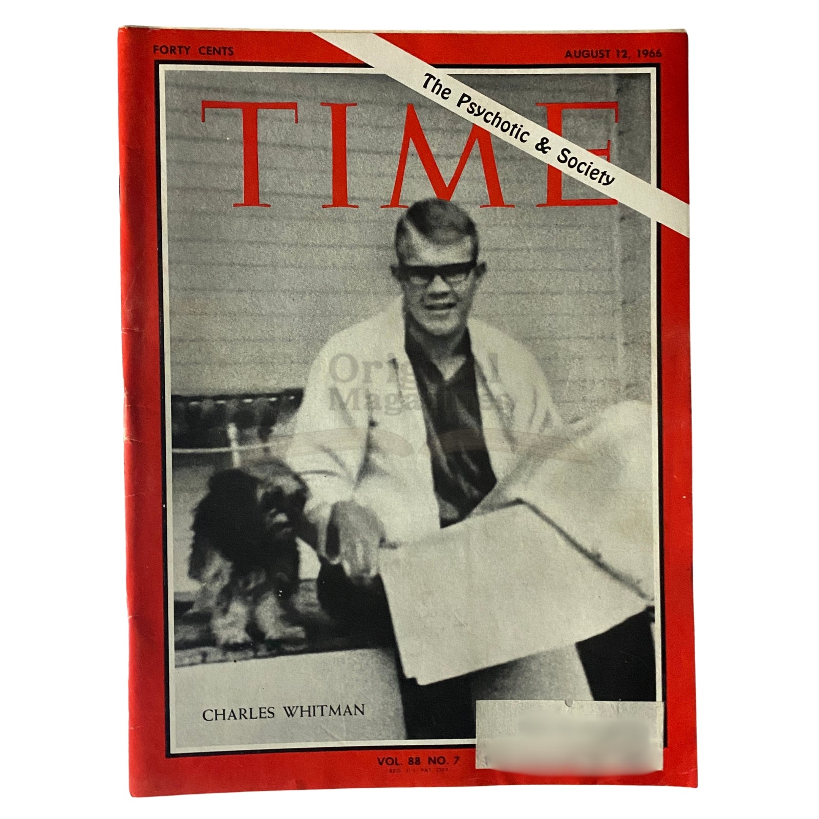 Time Magazine August 12 1966 Vol 88 No. 7 featuring Charles Whitman on the cover with bold red and black design.